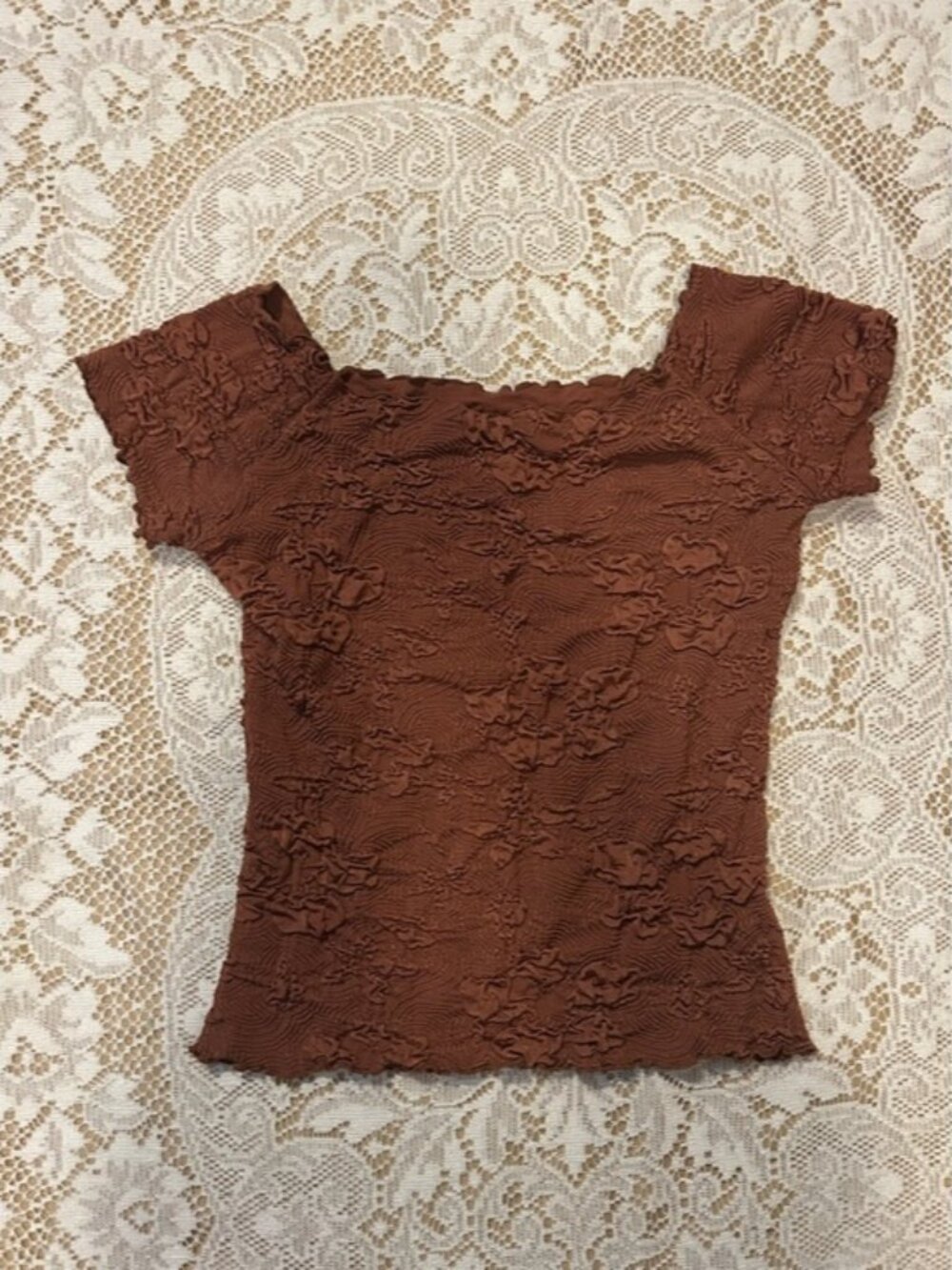 Haystacks Floral Off-Shoulder Scrunch Top, Warm Brown, Size S